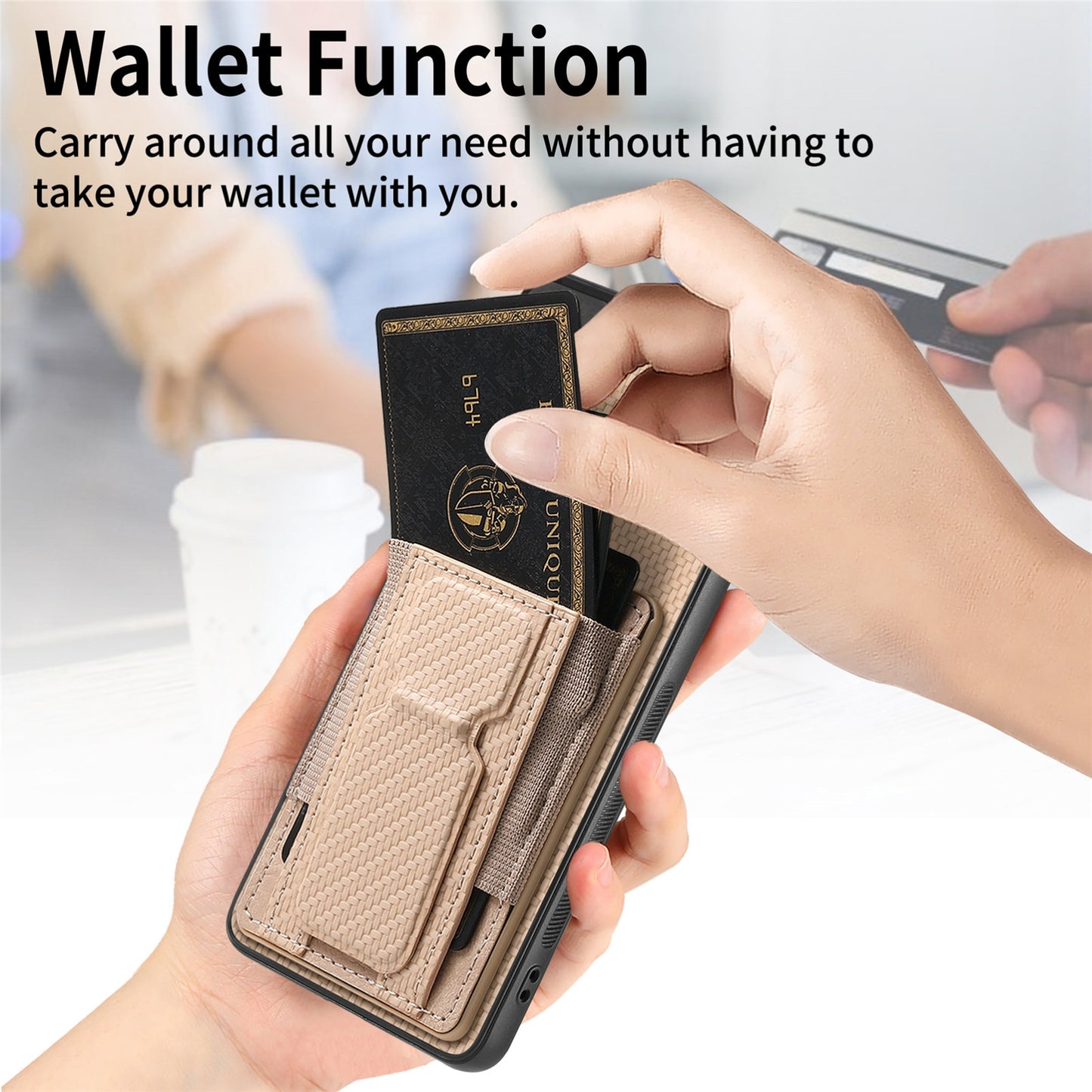 Samsung Galaxy S21 FE 5G Carbon Fiber Fold Stand Elastic Card Bag Phone Case with Multi-Functional Wallet