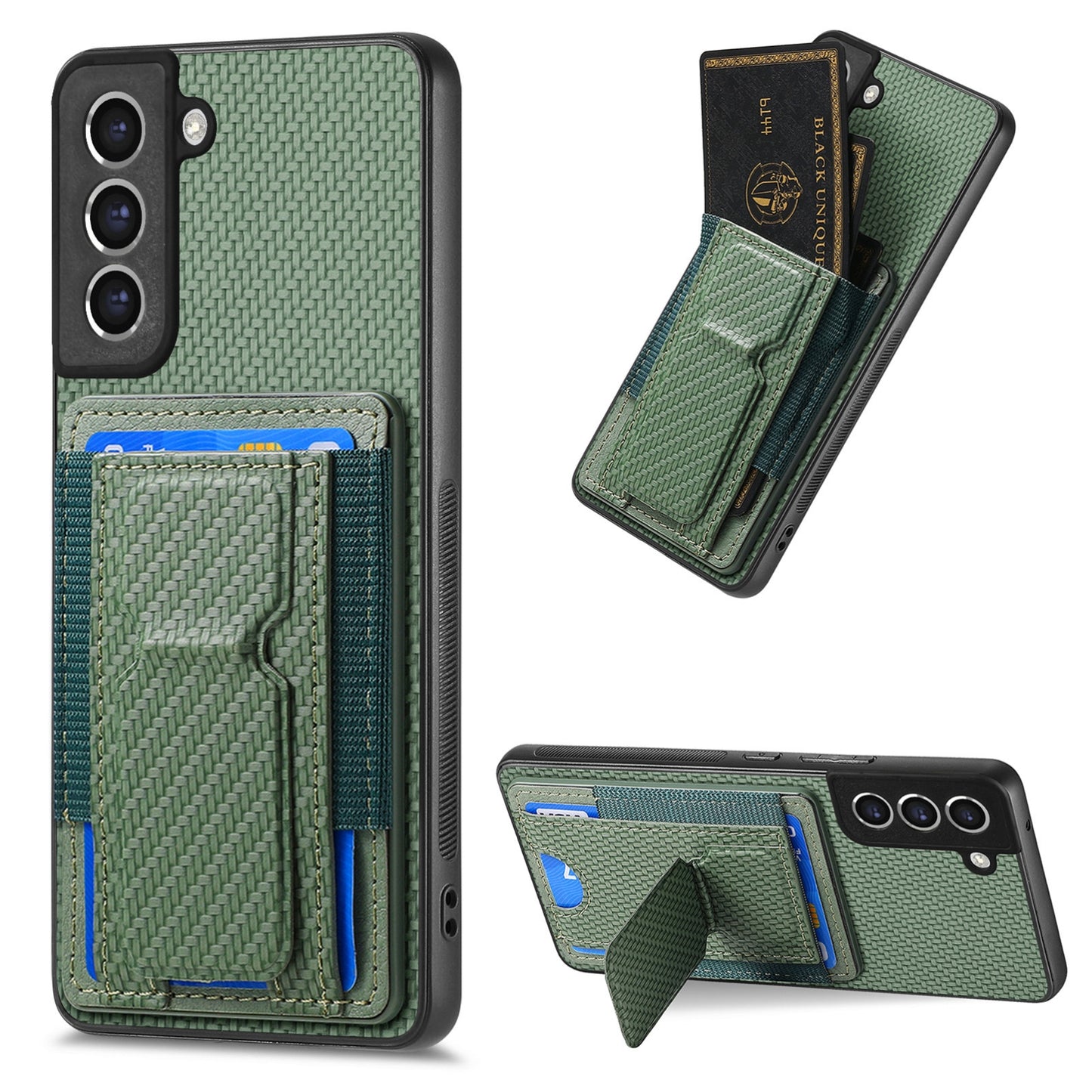 Samsung Galaxy S21 FE 5G Carbon Fiber Fold Stand Elastic Card Bag Phone Case with Multi-Functional Wallet