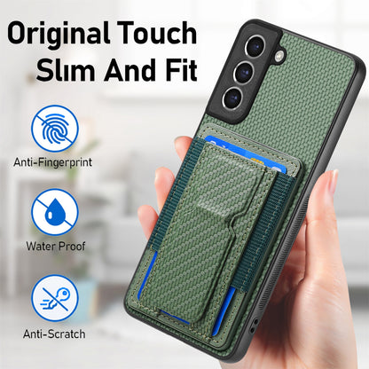Samsung Galaxy S21 FE 5G Carbon Fiber Fold Stand Elastic Card Bag Phone Case with Multi-Functional Wallet