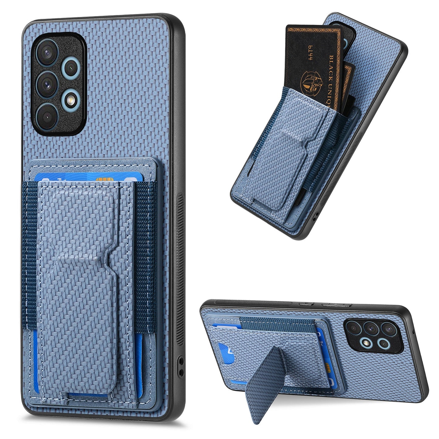Samsung Galaxy A32 4G Carbon Fiber Fold Stand Elastic Card Bag Phone Case with Multi-Functional Wallet
