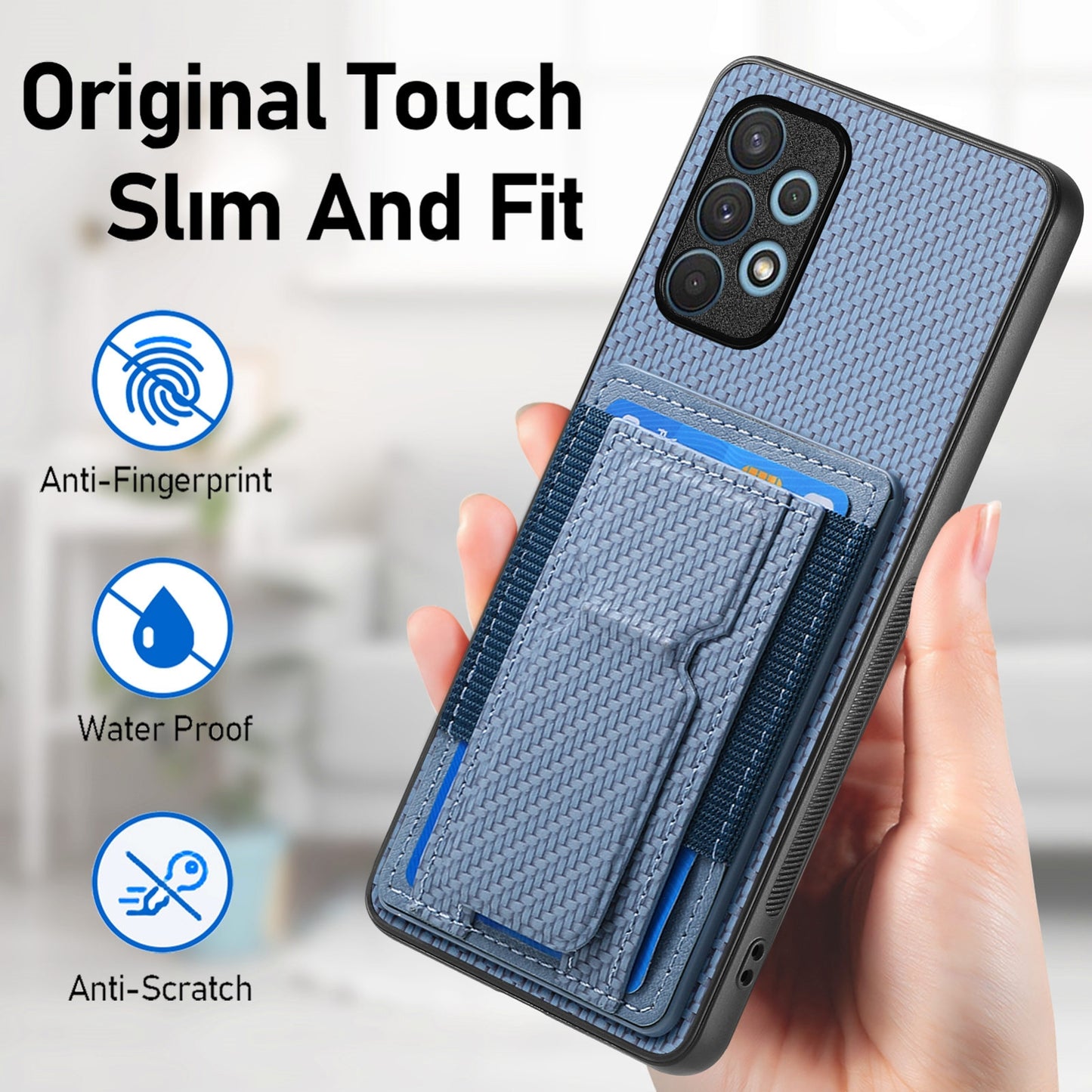 Samsung Galaxy A32 4G Carbon Fiber Fold Stand Elastic Card Bag Phone Case with Multi-Functional Wallet