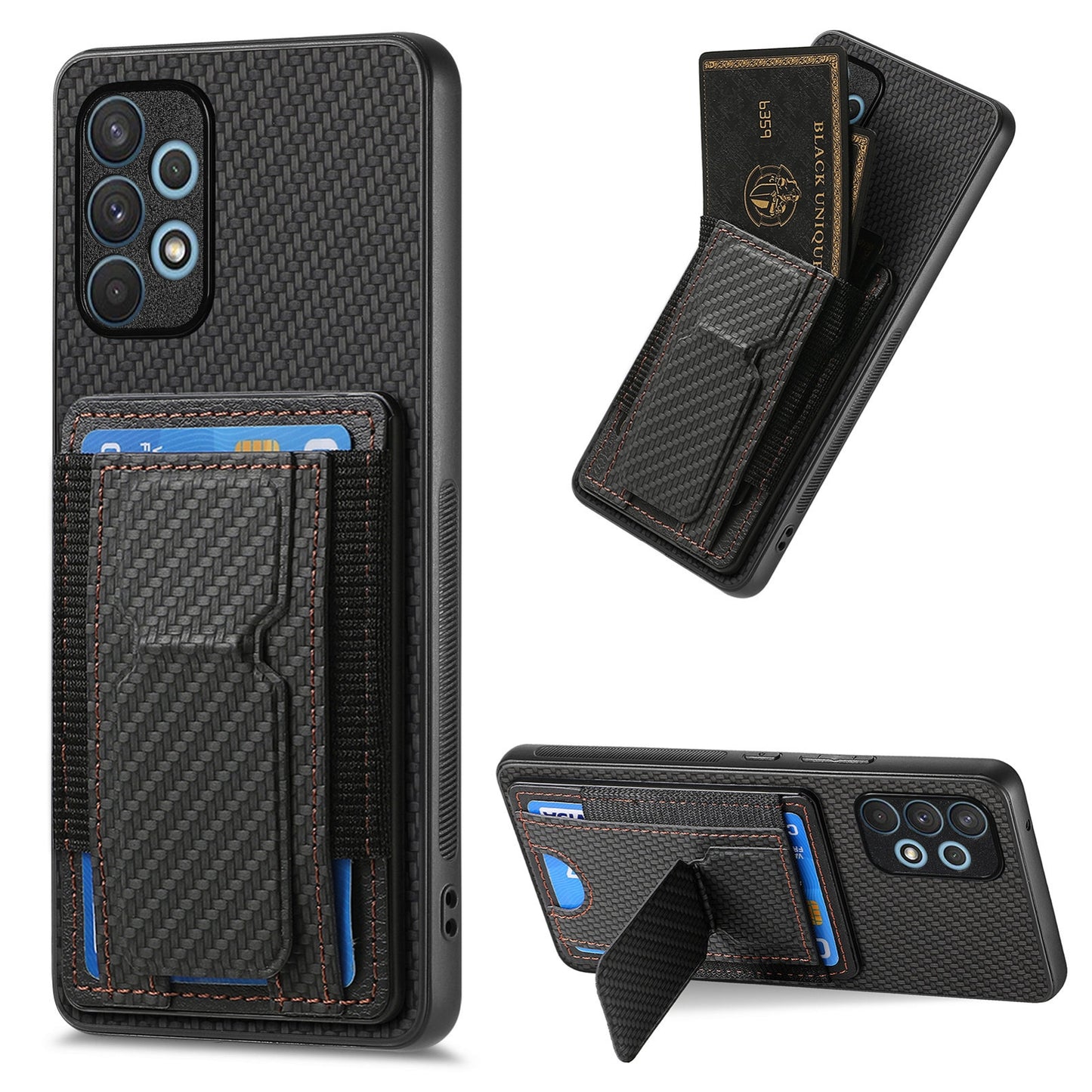 Samsung Galaxy A32 4G Carbon Fiber Fold Stand Elastic Card Bag Phone Case with Multi-Functional Wallet