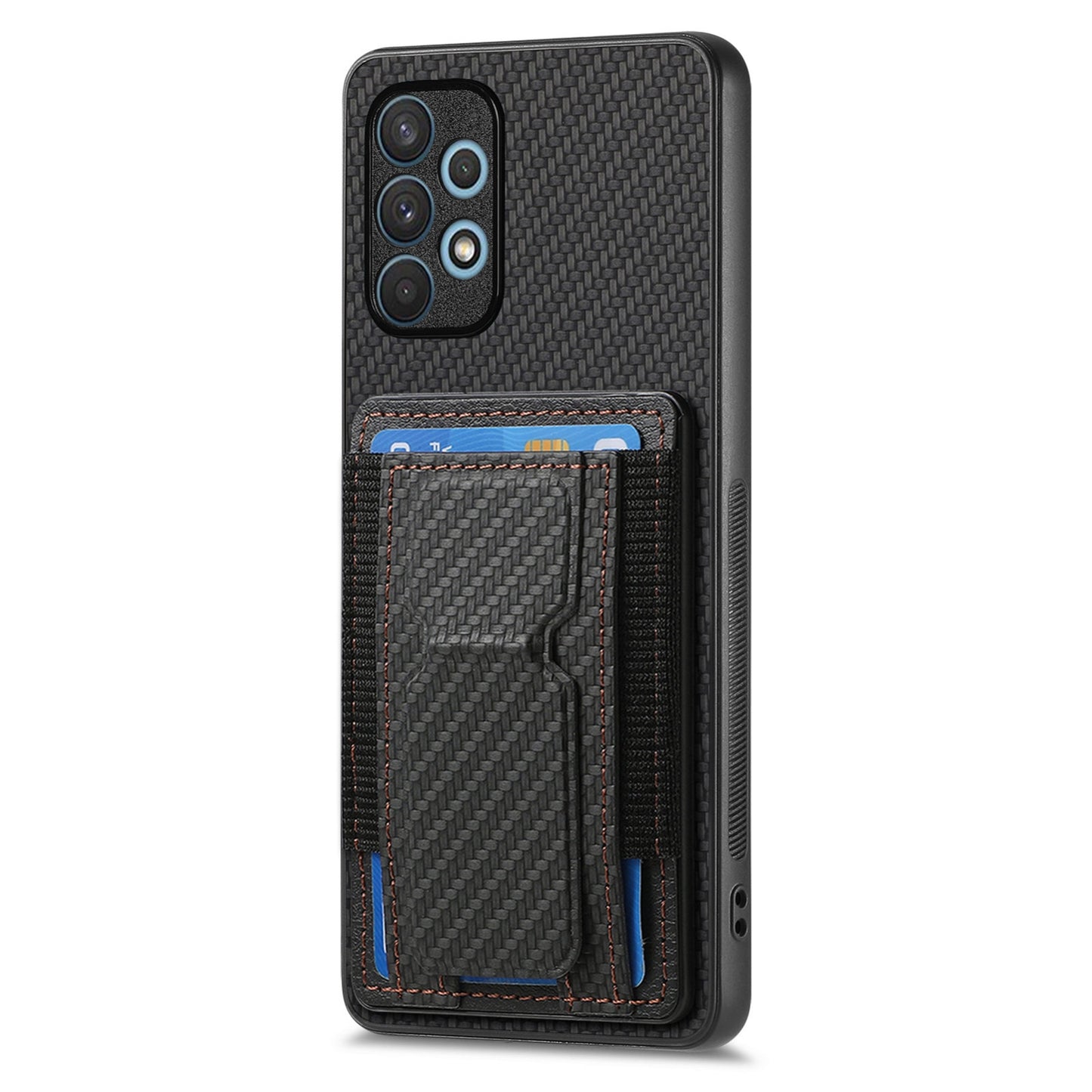 Samsung Galaxy A32 4G Carbon Fiber Fold Stand Elastic Card Bag Phone Case with Multi-Functional Wallet