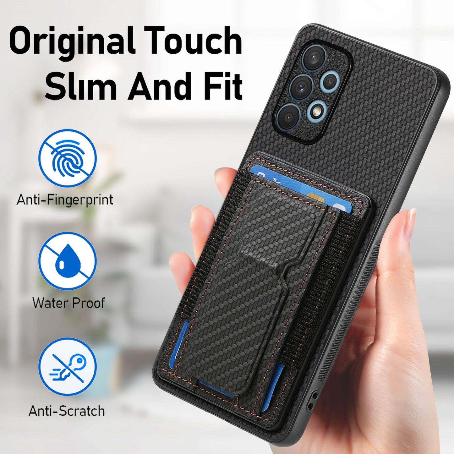 Samsung Galaxy A32 4G Carbon Fiber Fold Stand Elastic Card Bag Phone Case with Multi-Functional Wallet