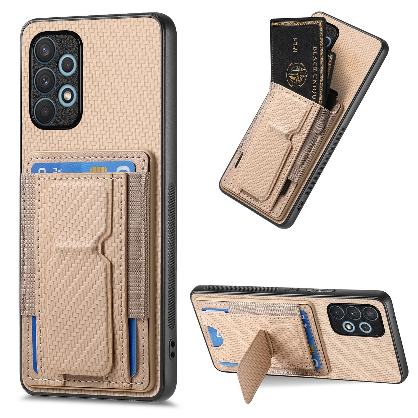 Samsung Galaxy A32 4G Carbon Fiber Fold Stand Elastic Card Bag Phone Case with Multi-Functional Wallet