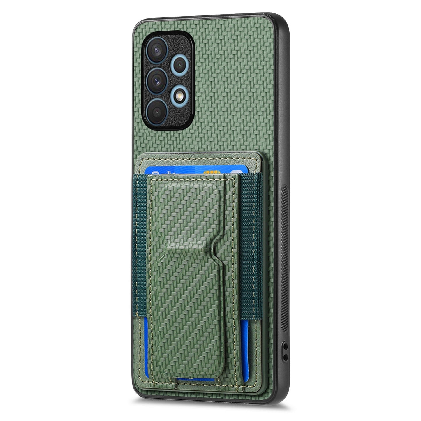 Samsung Galaxy A32 4G Carbon Fiber Fold Stand Elastic Card Bag Phone Case with Multi-Functional Wallet