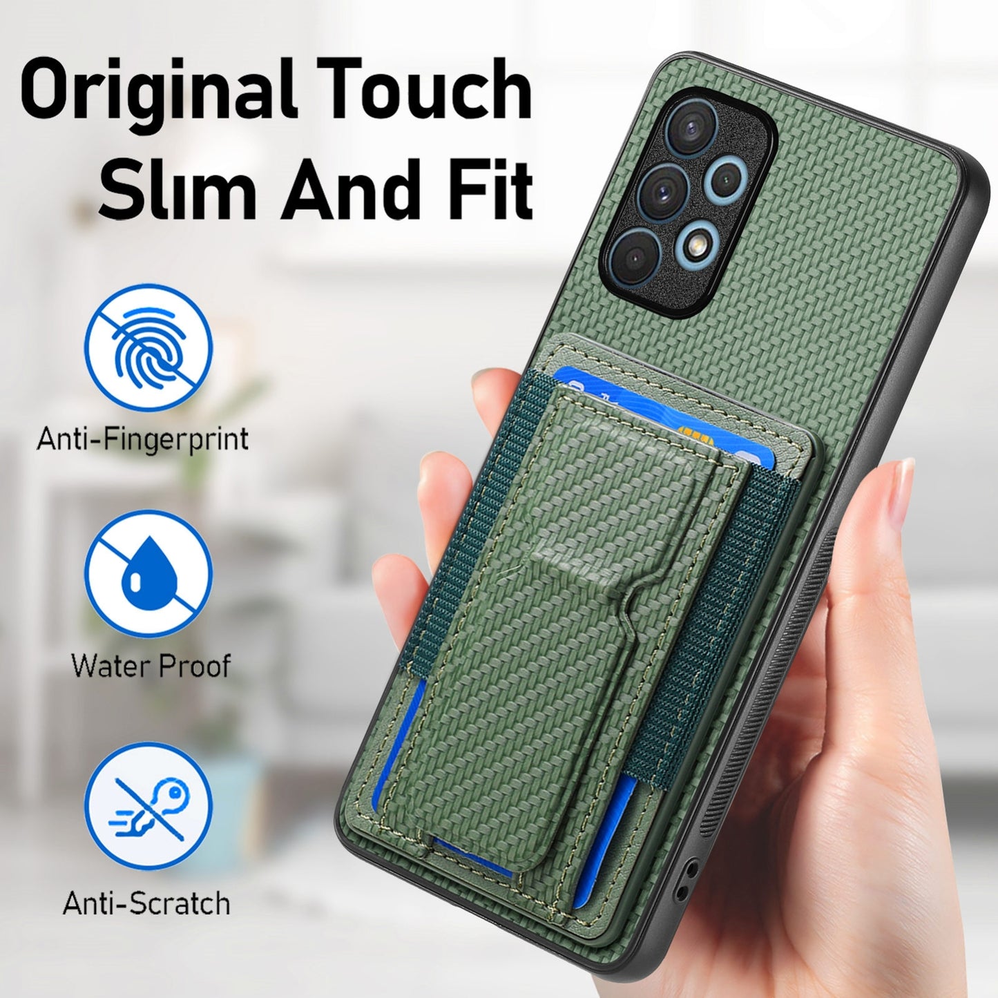 Samsung Galaxy A32 4G Carbon Fiber Fold Stand Elastic Card Bag Phone Case with Multi-Functional Wallet