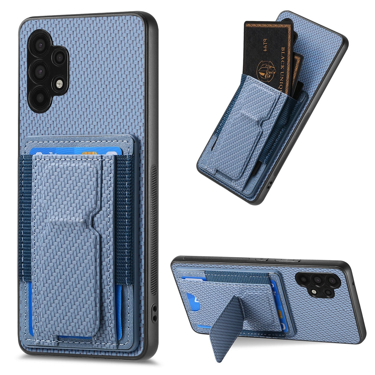 Samsung Galaxy A32 5G Carbon Fiber Fold Stand Elastic Card Bag Phone Case with Multi-Functional Wallet