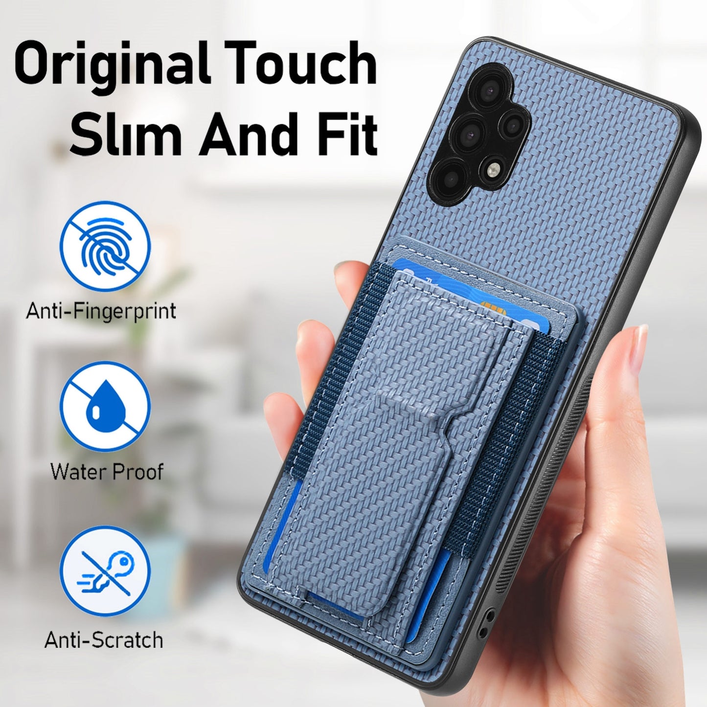 Samsung Galaxy A32 5G Carbon Fiber Fold Stand Elastic Card Bag Phone Case with Multi-Functional Wallet