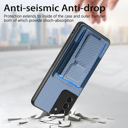 Samsung Galaxy S21 5G Carbon Fiber Fold Stand Elastic Card Bag Phone Case with Multi-Functional Wallet