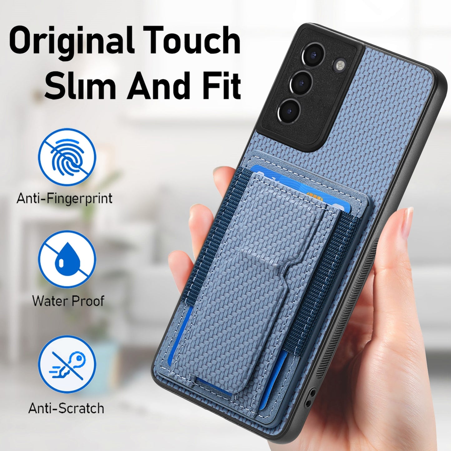 Samsung Galaxy S21 5G Carbon Fiber Fold Stand Elastic Card Bag Phone Case with Multi-Functional Wallet