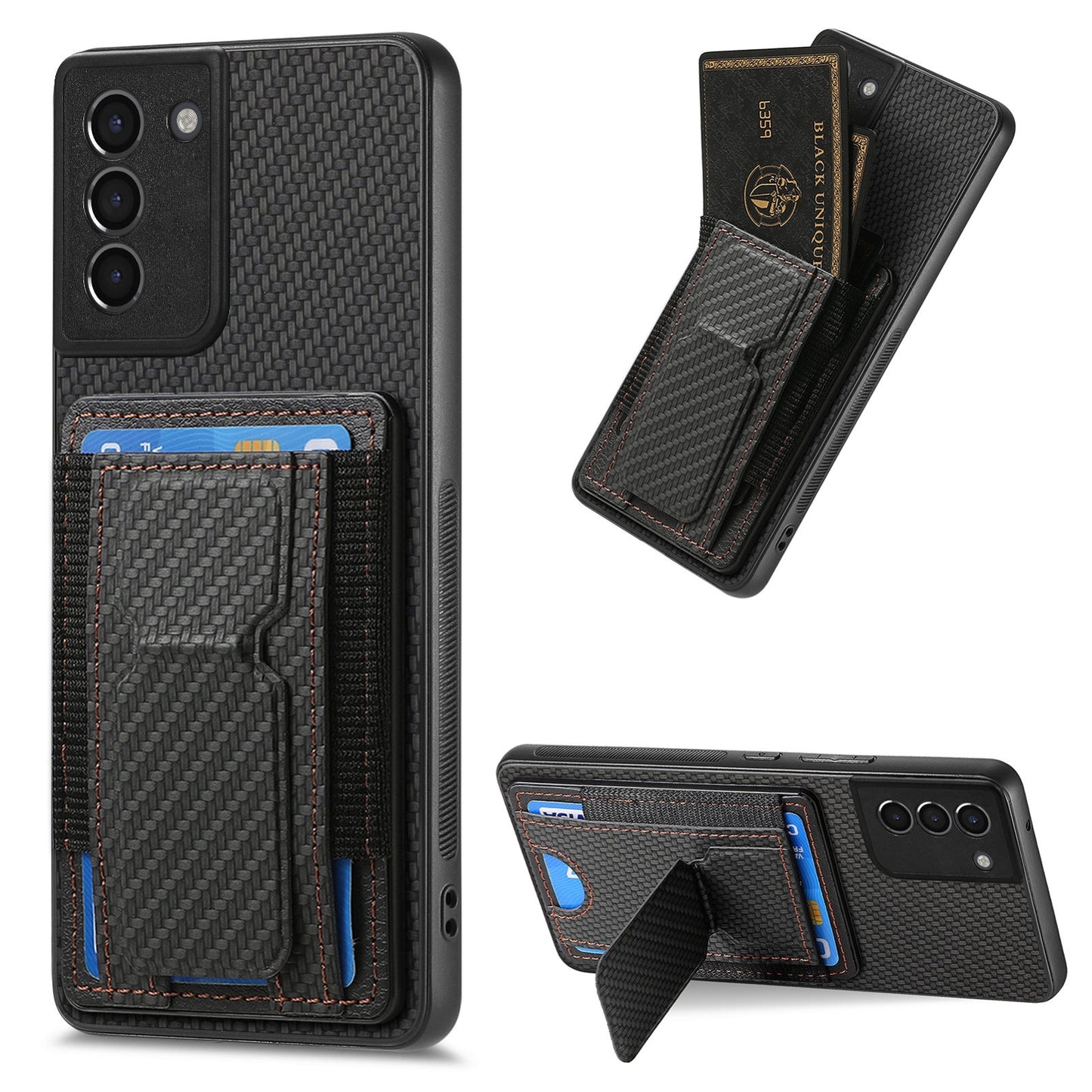 Samsung Galaxy S21 5G Carbon Fiber Fold Stand Elastic Card Bag Phone Case with Multi-Functional Wallet