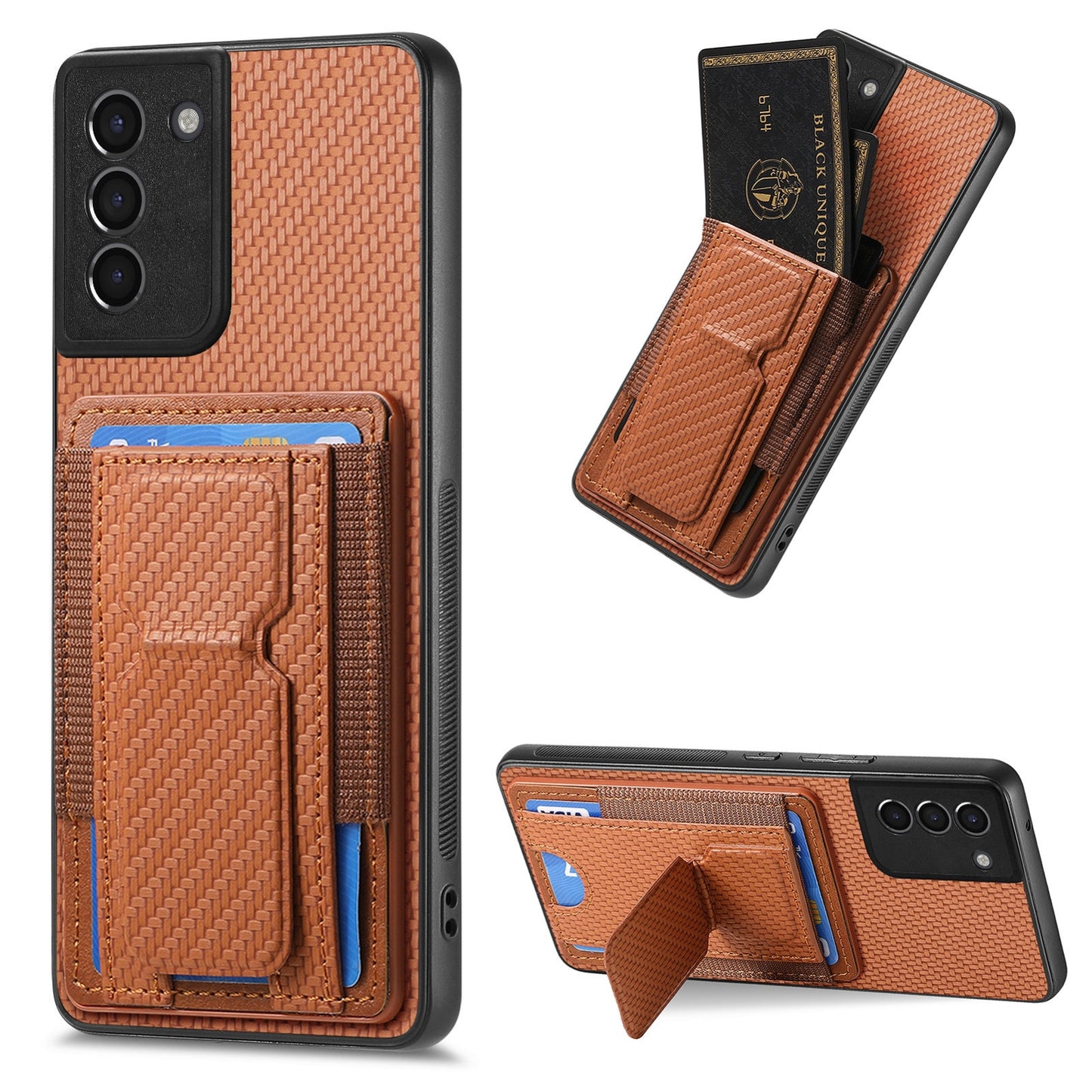 Samsung Galaxy S21 5G Carbon Fiber Fold Stand Elastic Card Bag Phone Case with Multi-Functional Wallet