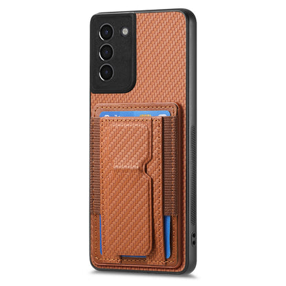 Samsung Galaxy S21 5G Carbon Fiber Fold Stand Elastic Card Bag Phone Case with Multi-Functional Wallet