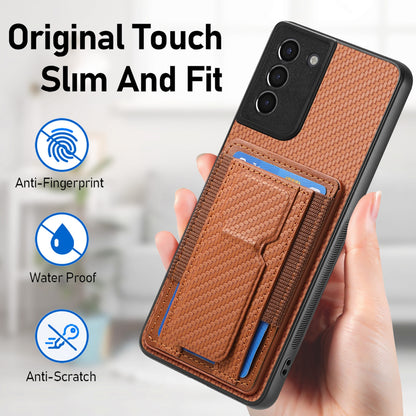 Samsung Galaxy S21 5G Carbon Fiber Fold Stand Elastic Card Bag Phone Case with Multi-Functional Wallet