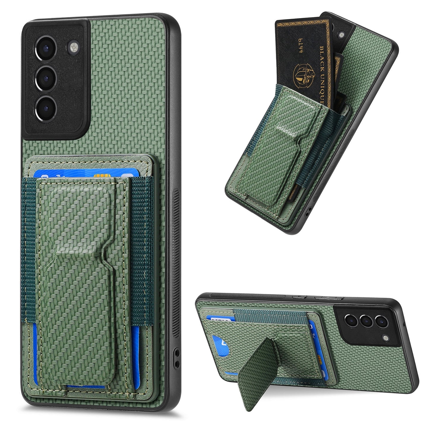 Samsung Galaxy S21 5G Carbon Fiber Fold Stand Elastic Card Bag Phone Case with Multi-Functional Wallet