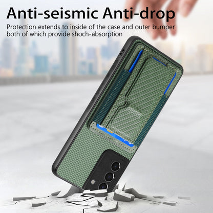 Samsung Galaxy S21 5G Carbon Fiber Fold Stand Elastic Card Bag Phone Case with Multi-Functional Wallet