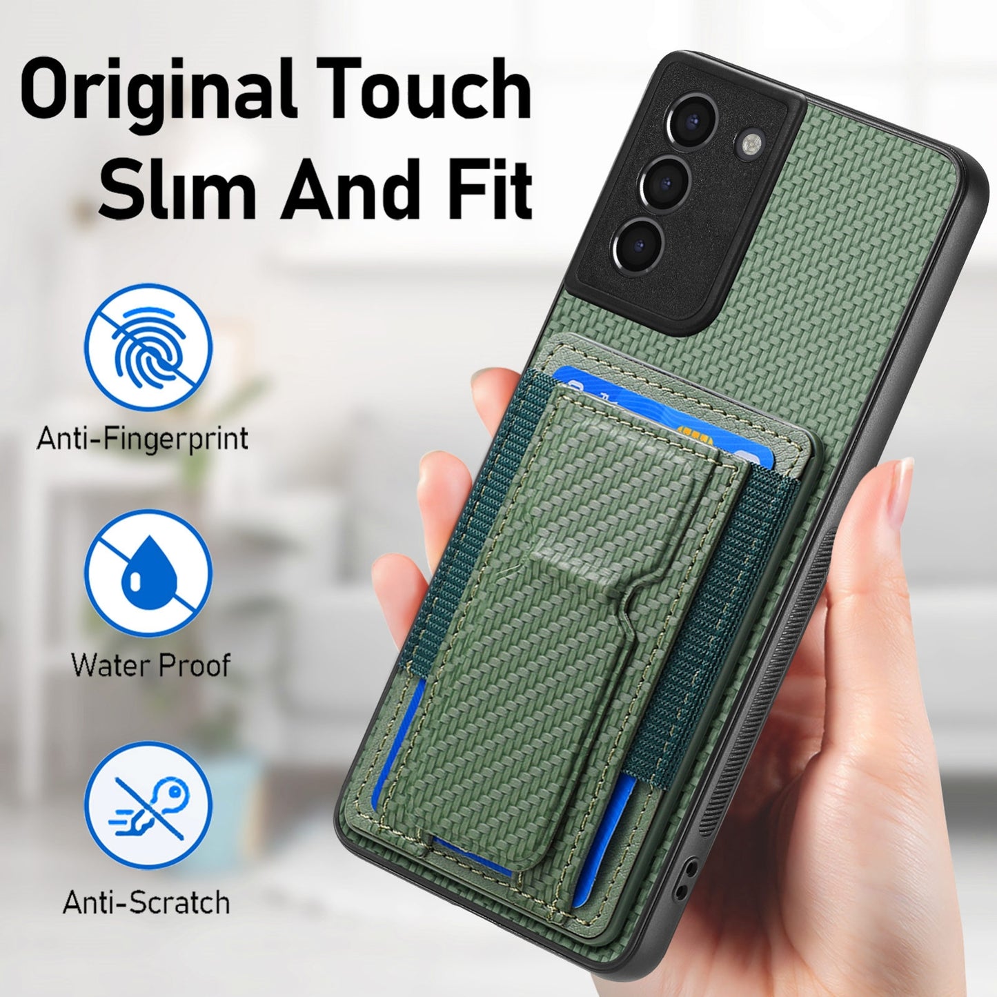 Samsung Galaxy S21 5G Carbon Fiber Fold Stand Elastic Card Bag Phone Case with Multi-Functional Wallet