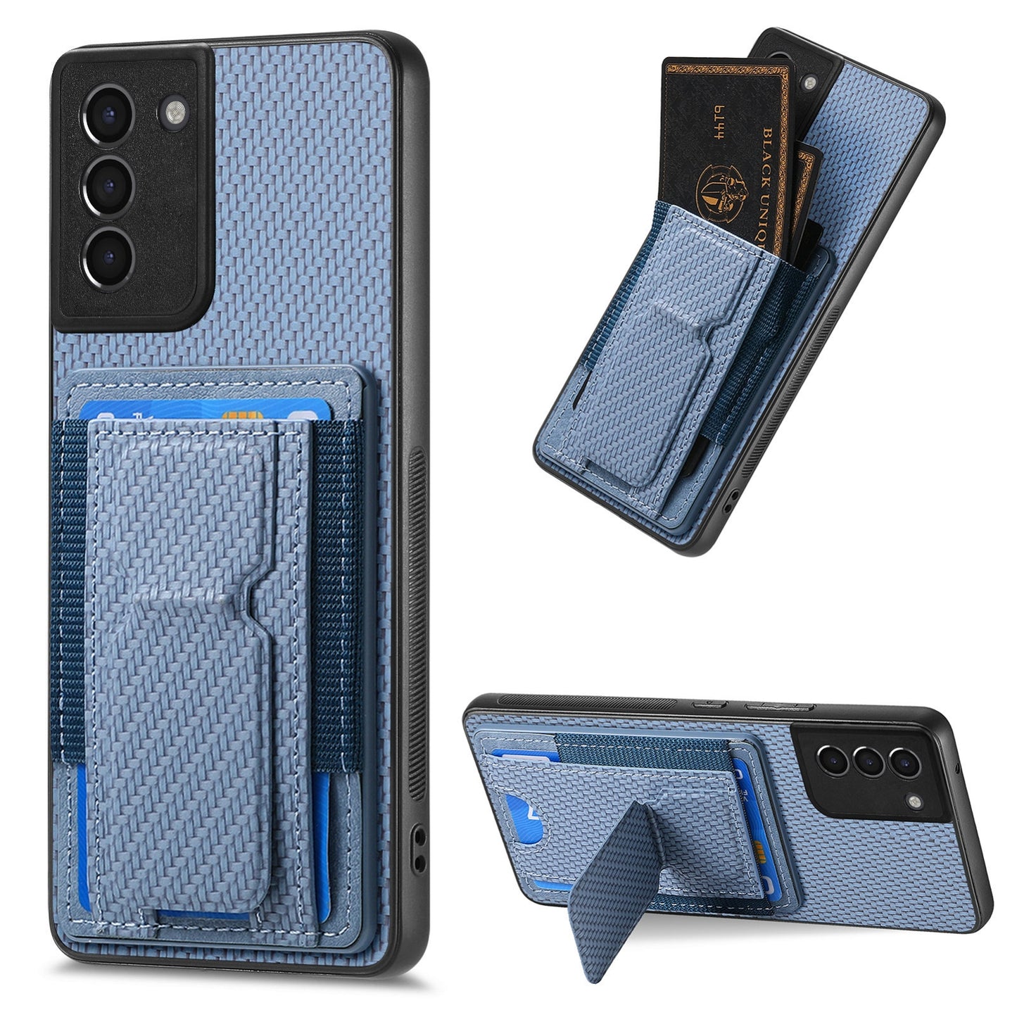 Samsung Galaxy S21+ 5G Carbon Fiber Fold Stand Elastic Card Bag Phone Case with Multi-Functional Wallet