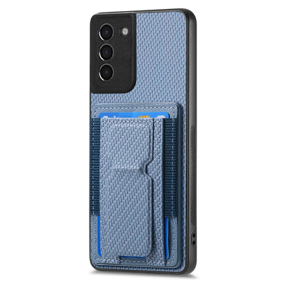 Samsung Galaxy S21+ 5G Carbon Fiber Fold Stand Elastic Card Bag Phone Case with Multi-Functional Wallet