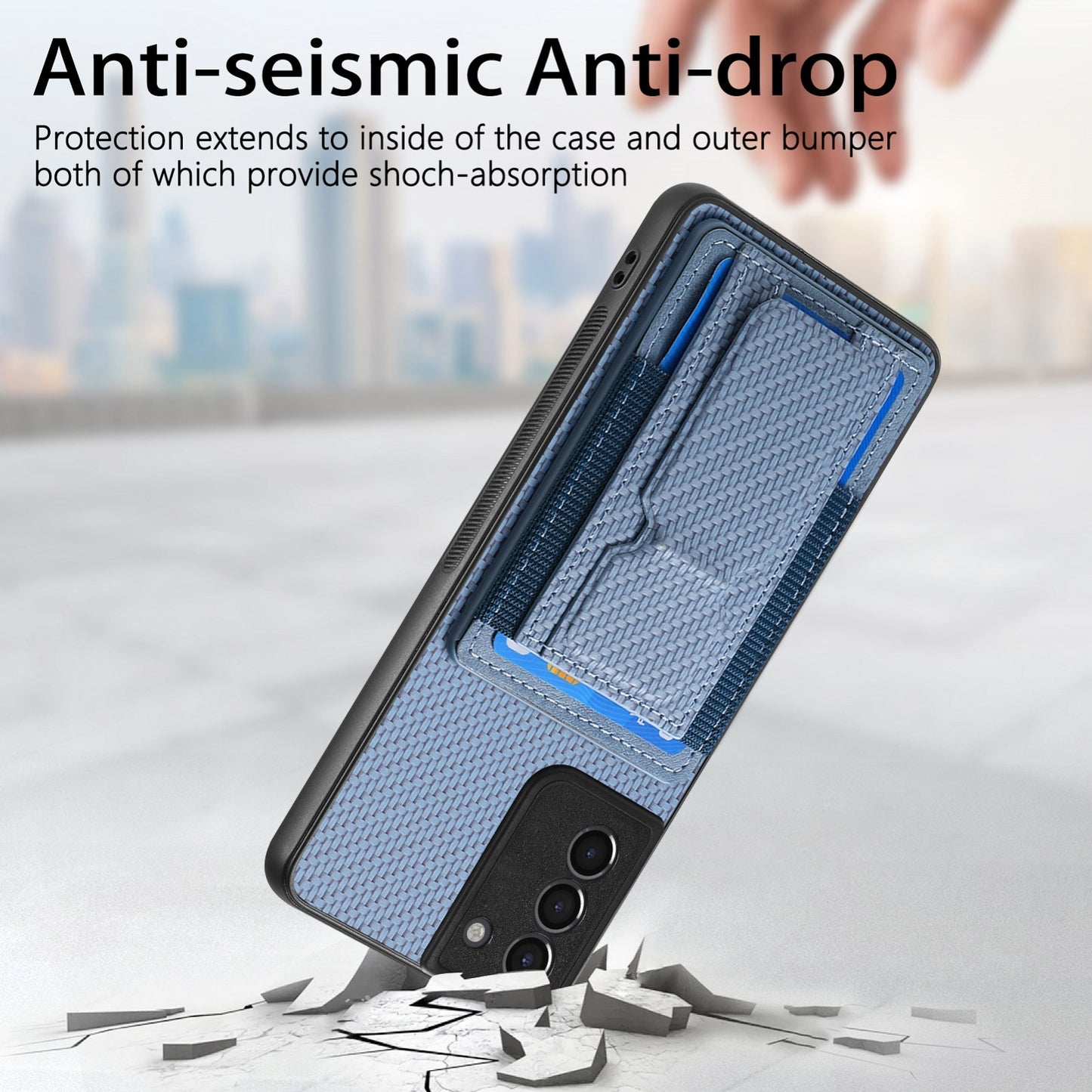 Samsung Galaxy S21+ 5G Carbon Fiber Fold Stand Elastic Card Bag Phone Case with Multi-Functional Wallet