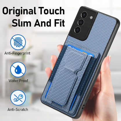 Samsung Galaxy S21+ 5G Carbon Fiber Fold Stand Elastic Card Bag Phone Case with Multi-Functional Wallet