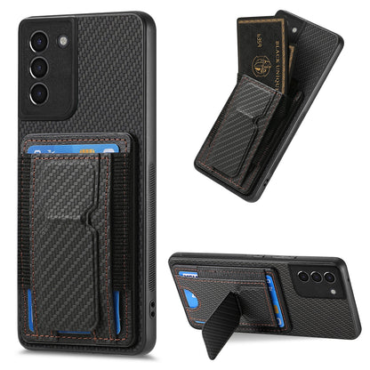 Samsung Galaxy S21+ 5G Carbon Fiber Fold Stand Elastic Card Bag Phone Case with Multi-Functional Wallet