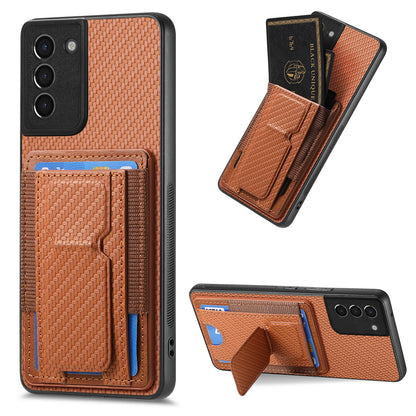 Samsung Galaxy S21+ 5G Carbon Fiber Fold Stand Elastic Card Bag Phone Case with Multi-Functional Wallet