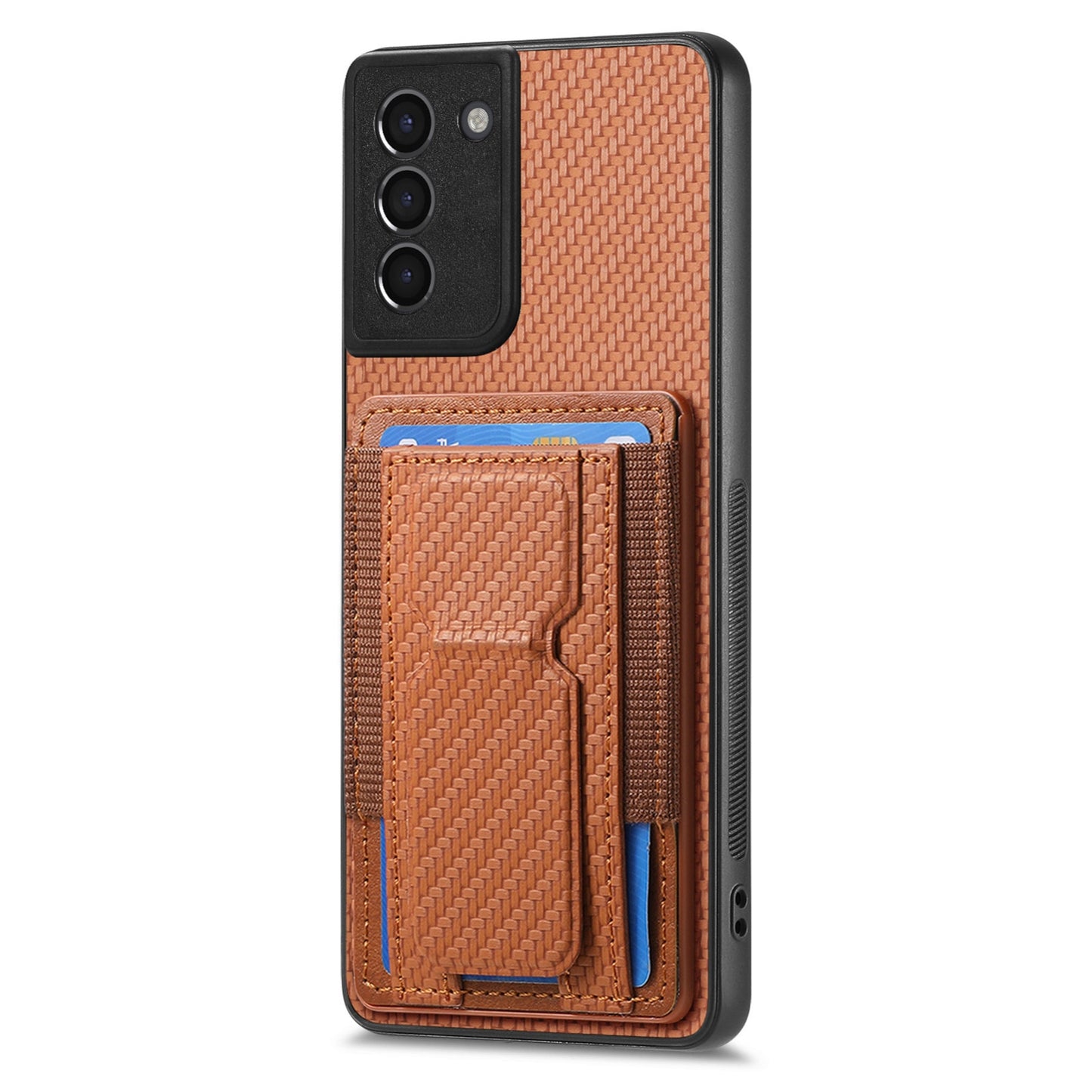 Samsung Galaxy S21+ 5G Carbon Fiber Fold Stand Elastic Card Bag Phone Case with Multi-Functional Wallet