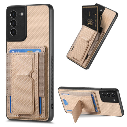 Samsung Galaxy S21+ 5G Carbon Fiber Fold Stand Elastic Card Bag Phone Case with Multi-Functional Wallet