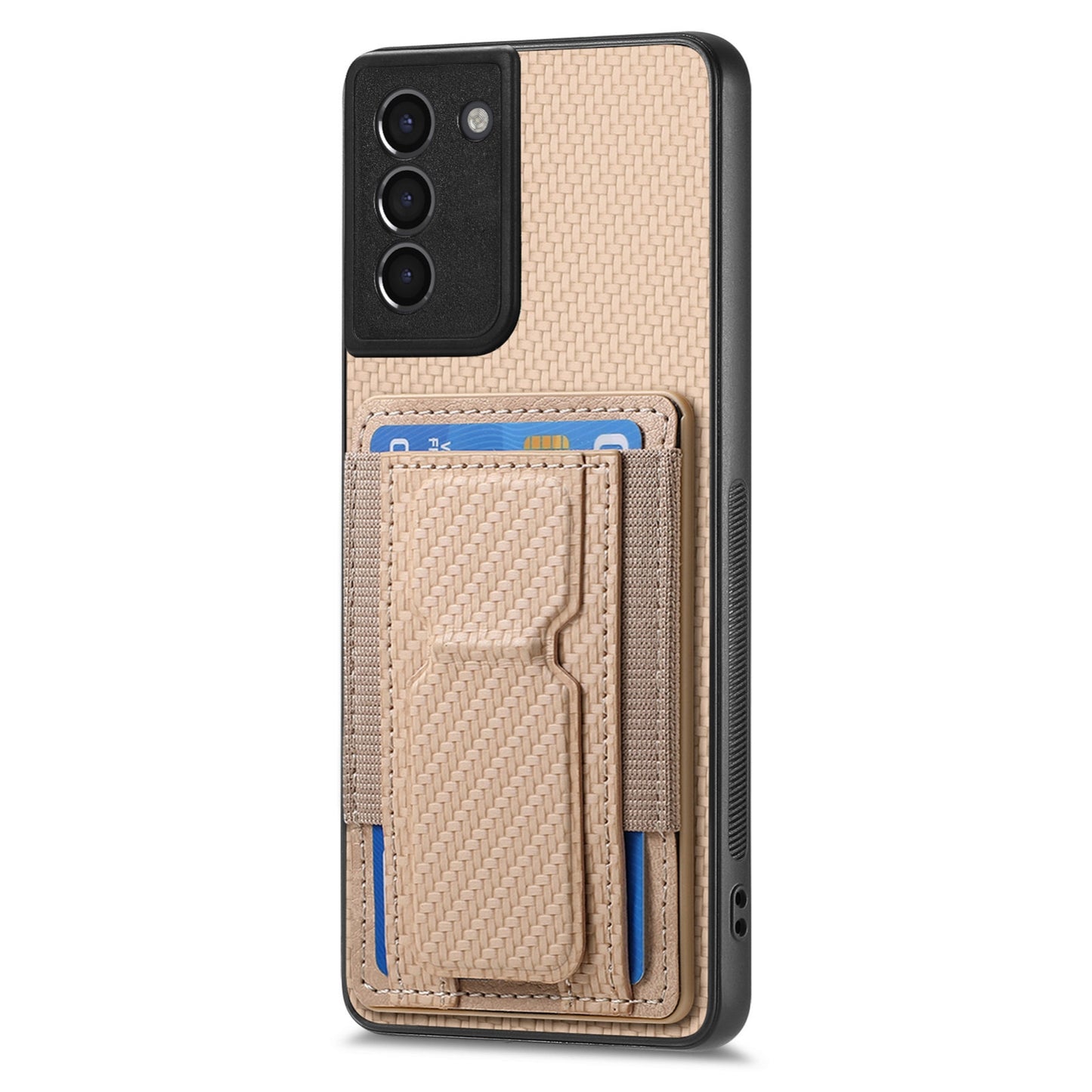 Samsung Galaxy S21+ 5G Carbon Fiber Fold Stand Elastic Card Bag Phone Case with Multi-Functional Wallet