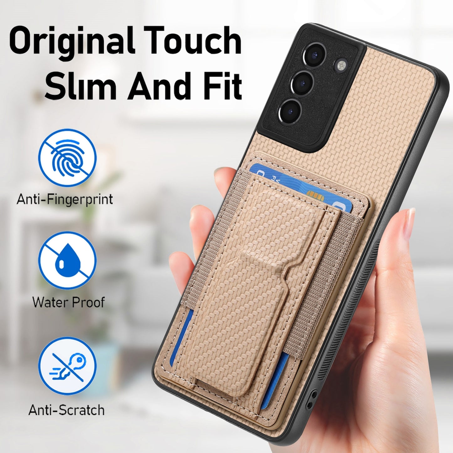 Samsung Galaxy S21+ 5G Carbon Fiber Fold Stand Elastic Card Bag Phone Case with Multi-Functional Wallet