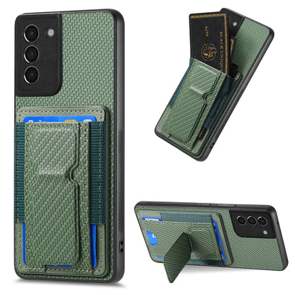 Samsung Galaxy S21+ 5G Carbon Fiber Fold Stand Elastic Card Bag Phone Case with Multi-Functional Wallet