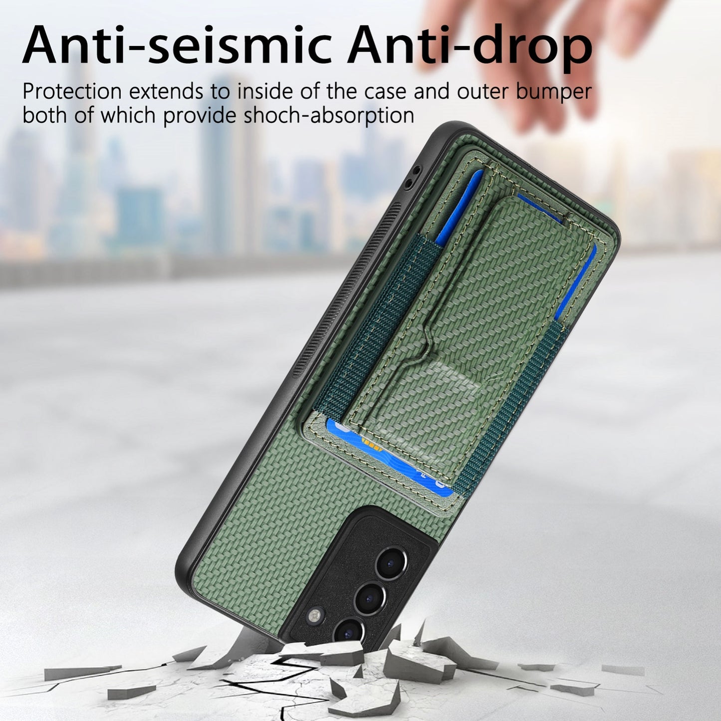 Samsung Galaxy S21+ 5G Carbon Fiber Fold Stand Elastic Card Bag Phone Case with Multi-Functional Wallet