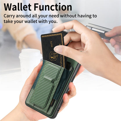 Samsung Galaxy S21+ 5G Carbon Fiber Fold Stand Elastic Card Bag Phone Case with Multi-Functional Wallet
