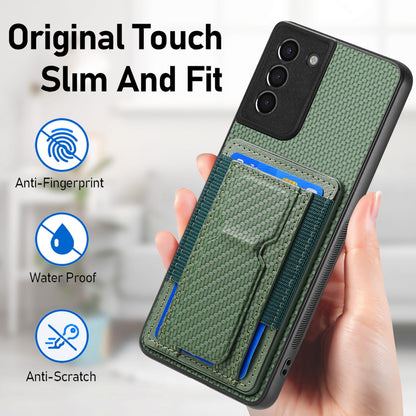 Samsung Galaxy S21+ 5G Carbon Fiber Fold Stand Elastic Card Bag Phone Case with Multi-Functional Wallet