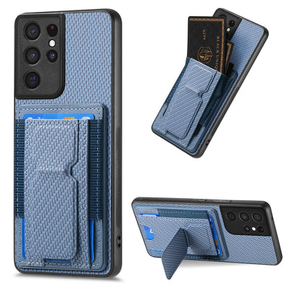 Samsung Galaxy S21 Ultra 5G Carbon Fiber Fold Stand Elastic Card Bag Phone Case with Multi-Functional Wallet