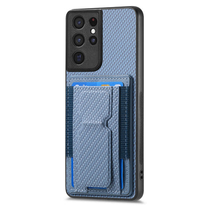 Samsung Galaxy S21 Ultra 5G Carbon Fiber Fold Stand Elastic Card Bag Phone Case with Multi-Functional Wallet