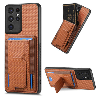 Samsung Galaxy S21 Ultra 5G Carbon Fiber Fold Stand Elastic Card Bag Phone Case with Multi-Functional Wallet