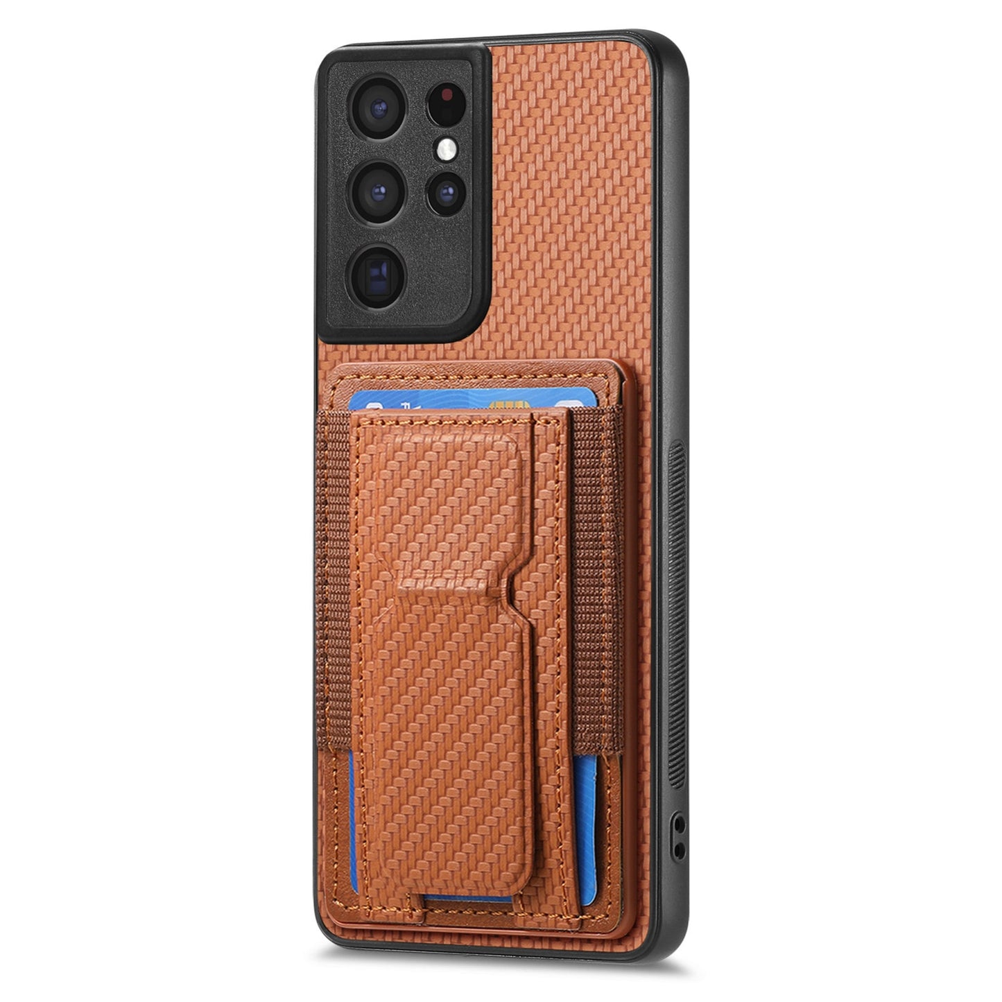 Samsung Galaxy S21 Ultra 5G Carbon Fiber Fold Stand Elastic Card Bag Phone Case with Multi-Functional Wallet