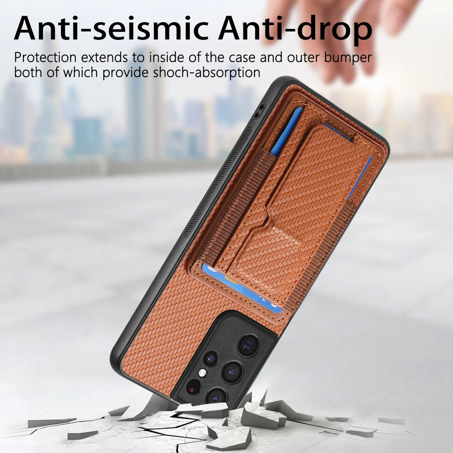 Samsung Galaxy S21 Ultra 5G Carbon Fiber Fold Stand Elastic Card Bag Phone Case with Multi-Functional Wallet