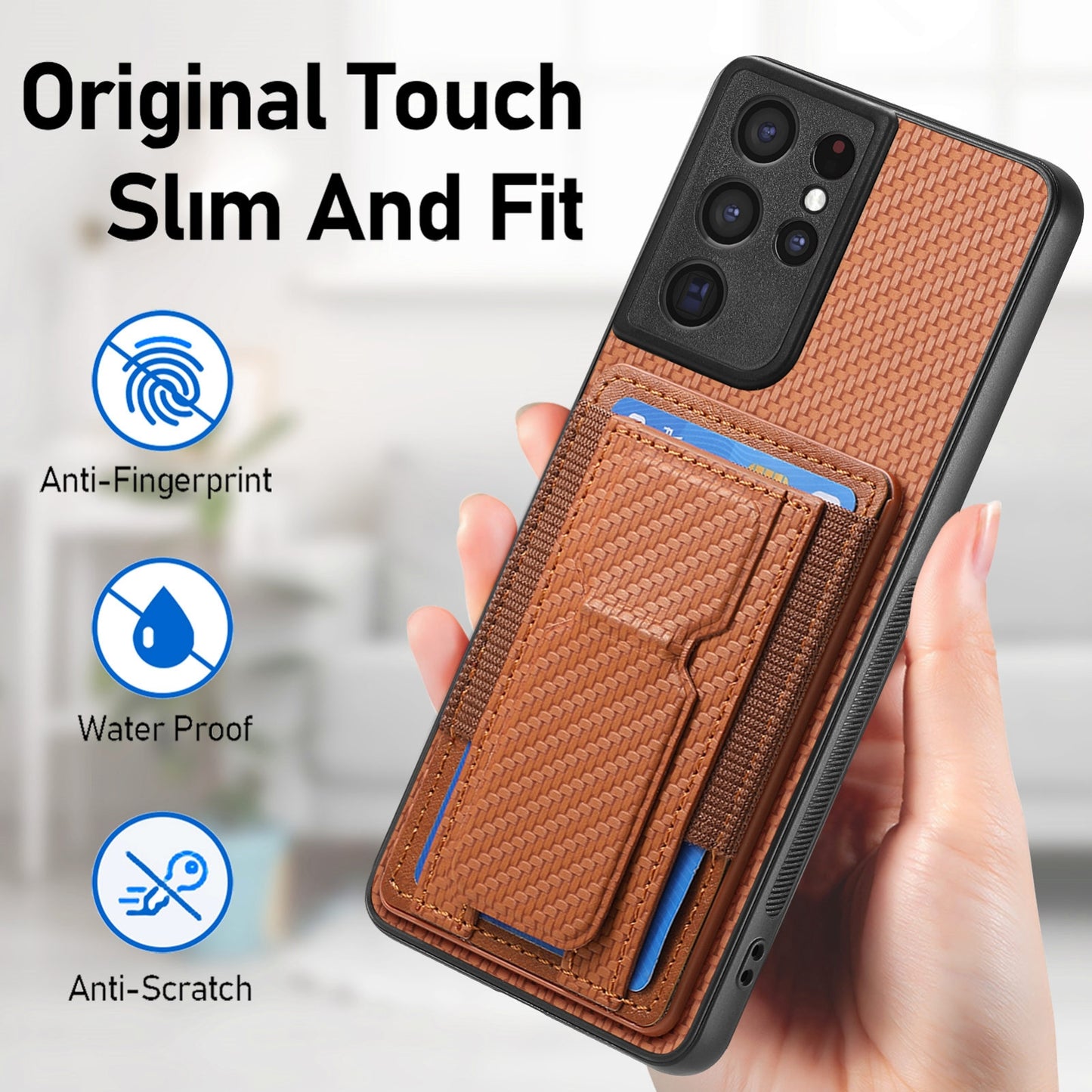 Samsung Galaxy S21 Ultra 5G Carbon Fiber Fold Stand Elastic Card Bag Phone Case with Multi-Functional Wallet