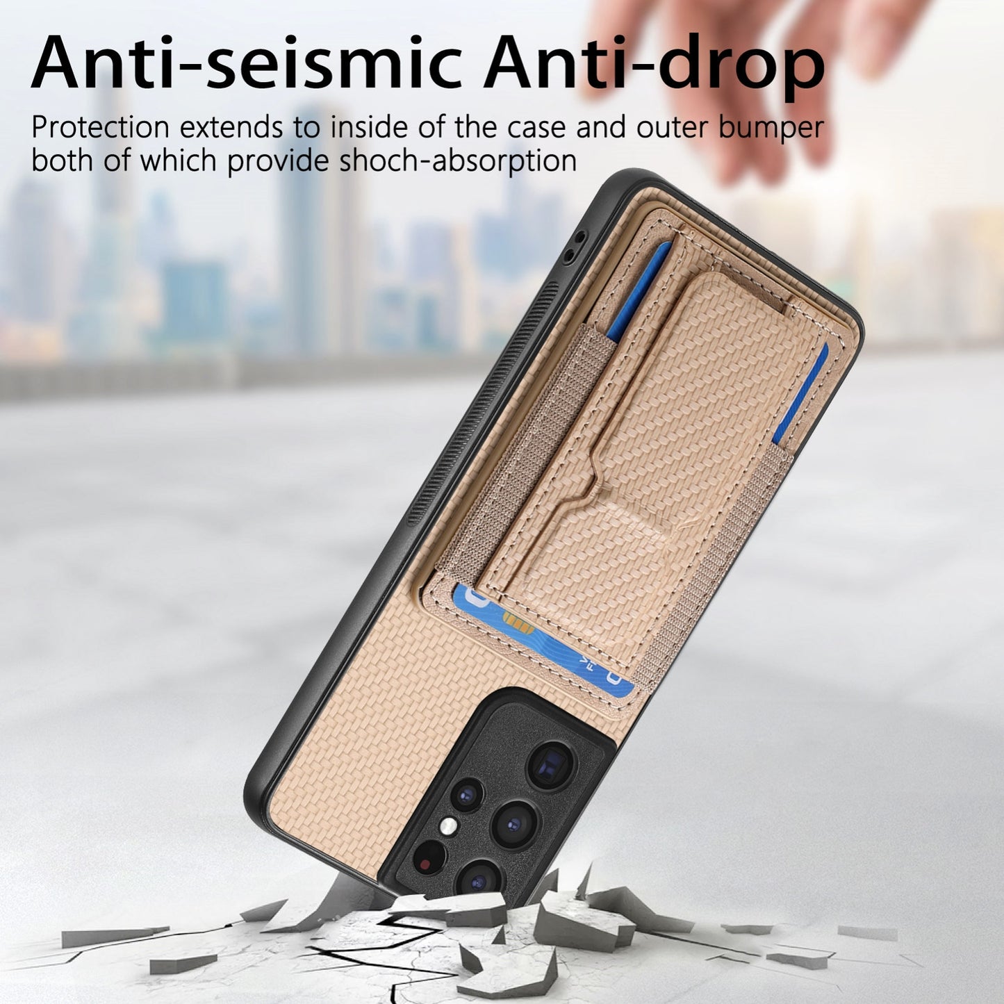 Samsung Galaxy S21 Ultra 5G Carbon Fiber Fold Stand Elastic Card Bag Phone Case with Multi-Functional Wallet