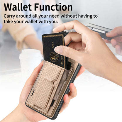 Samsung Galaxy S21 Ultra 5G Carbon Fiber Fold Stand Elastic Card Bag Phone Case with Multi-Functional Wallet