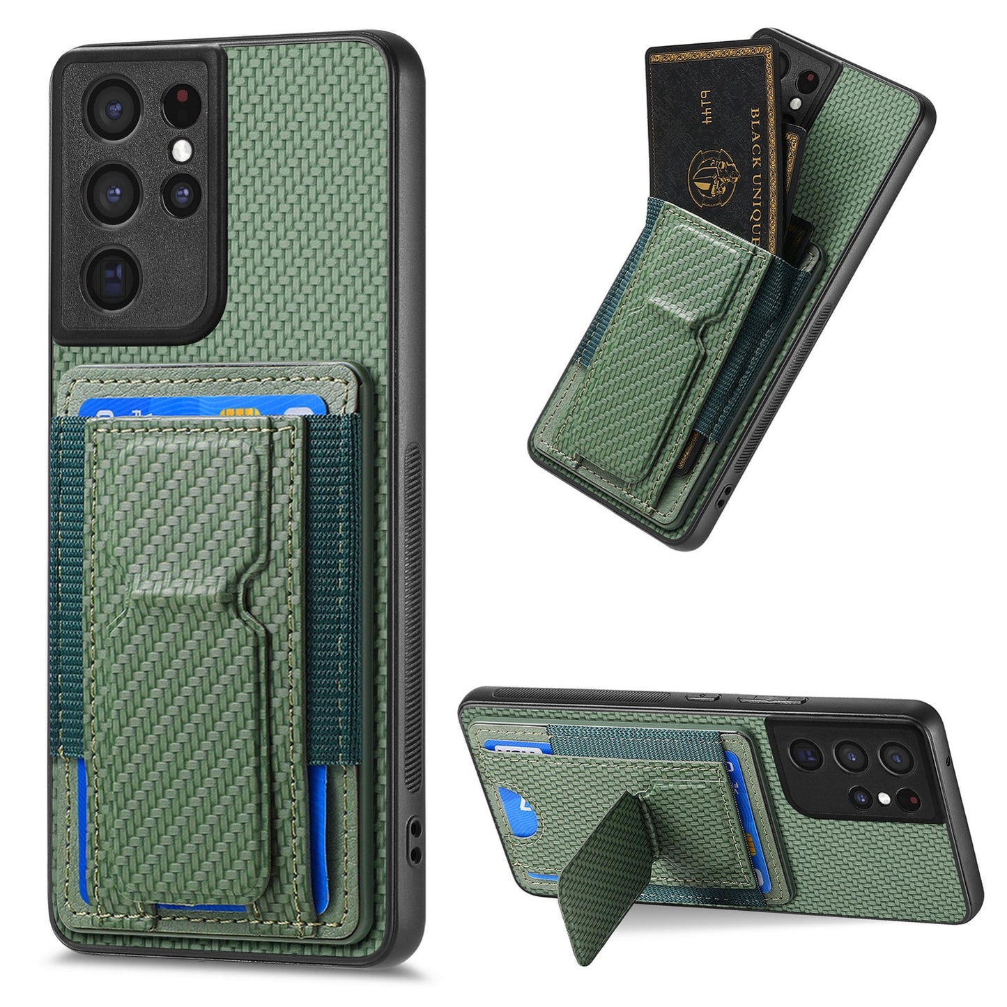 Samsung Galaxy S21 Ultra 5G Carbon Fiber Fold Stand Elastic Card Bag Phone Case with Multi-Functional Wallet