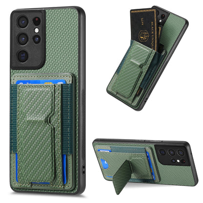 Samsung Galaxy S21 Ultra 5G Carbon Fiber Fold Stand Elastic Card Bag Phone Case with Multi-Functional Wallet