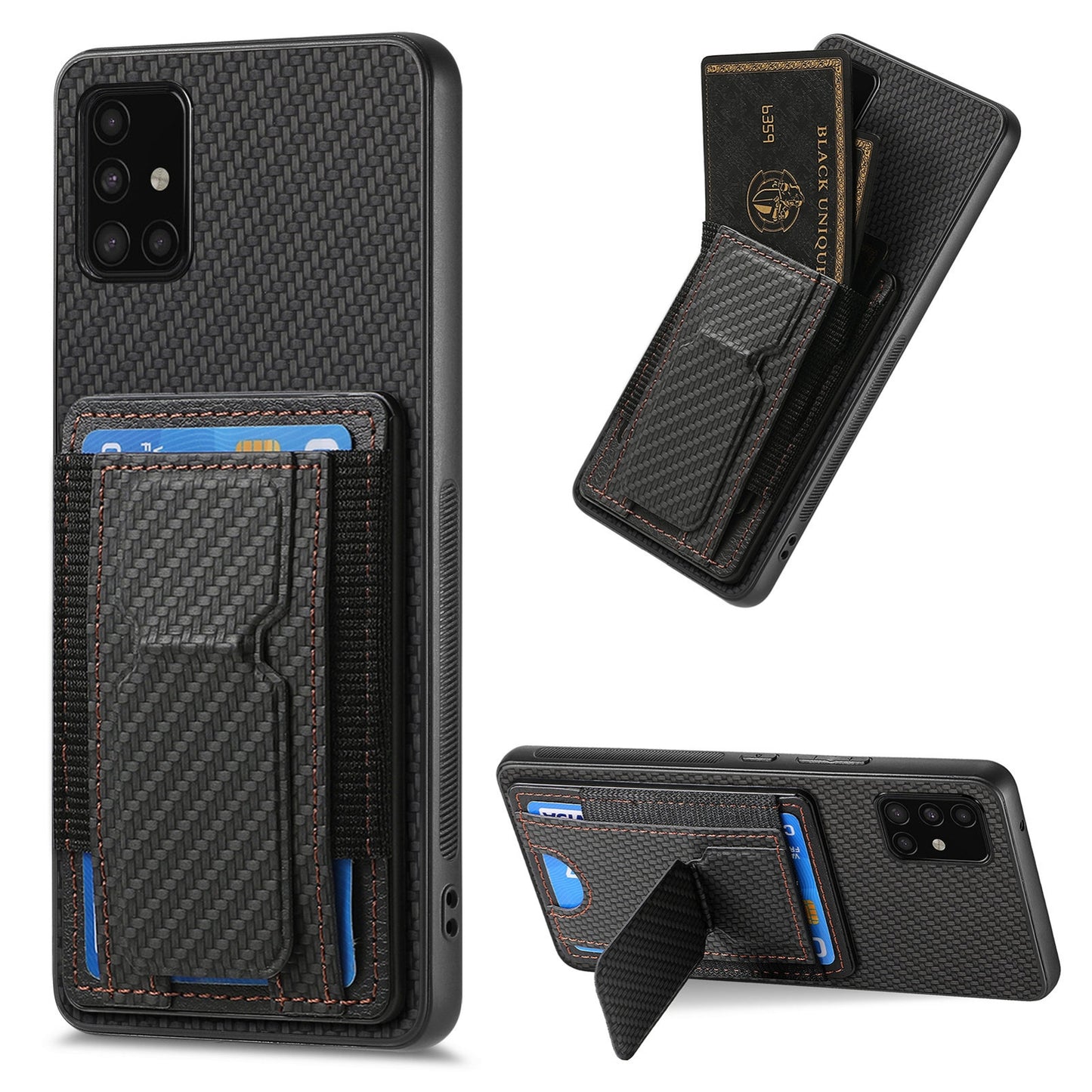 Samsung Galaxy A21s Carbon Fiber Fold Stand Elastic Card Bag Phone Case with Multi-Functional Wallet