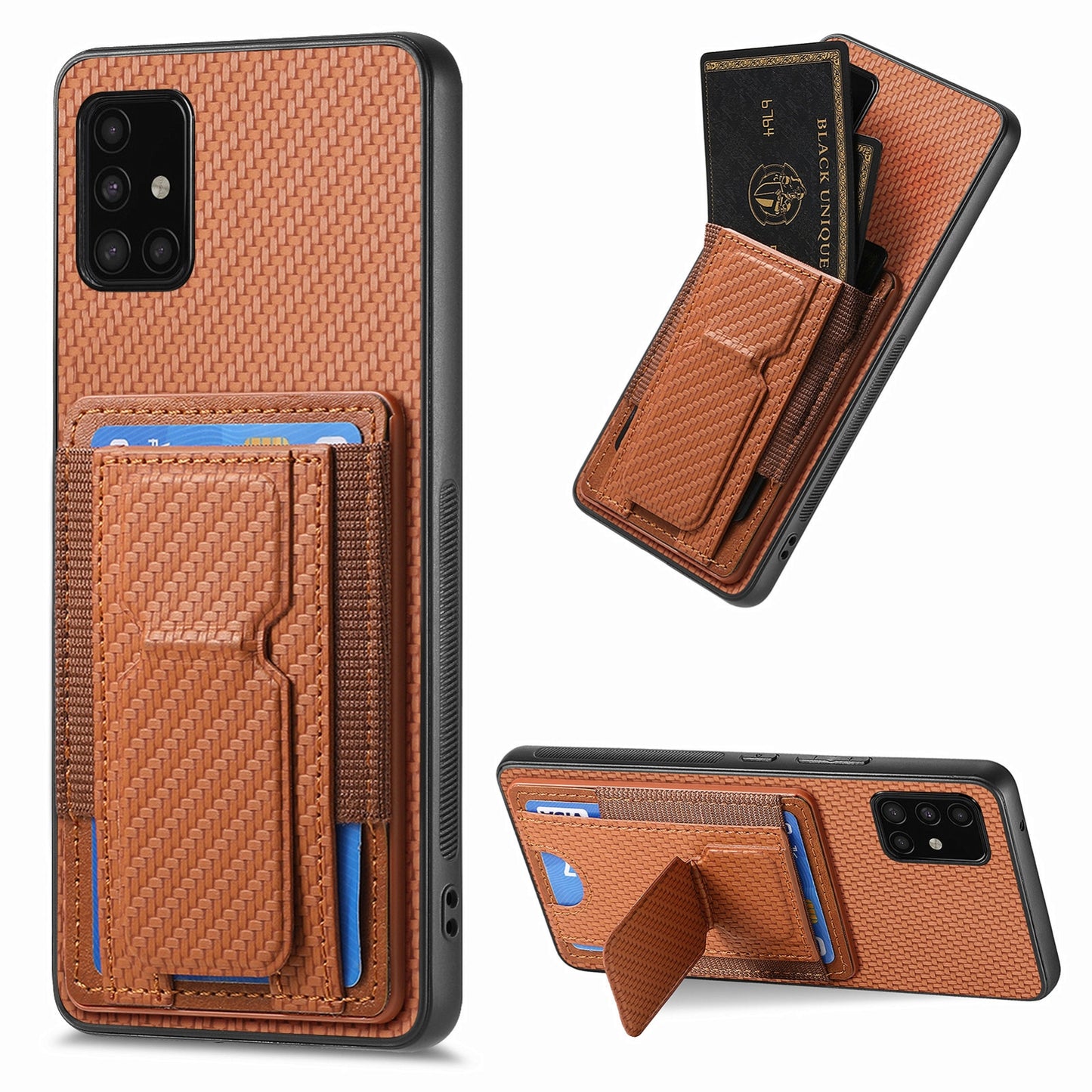 Samsung Galaxy A51 5G Carbon Fiber Fold Stand Elastic Card Bag Phone Case with Multi-Functional Wallet