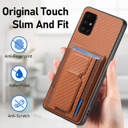 Samsung Galaxy A51 5G Carbon Fiber Fold Stand Elastic Card Bag Phone Case with Multi-Functional Wallet