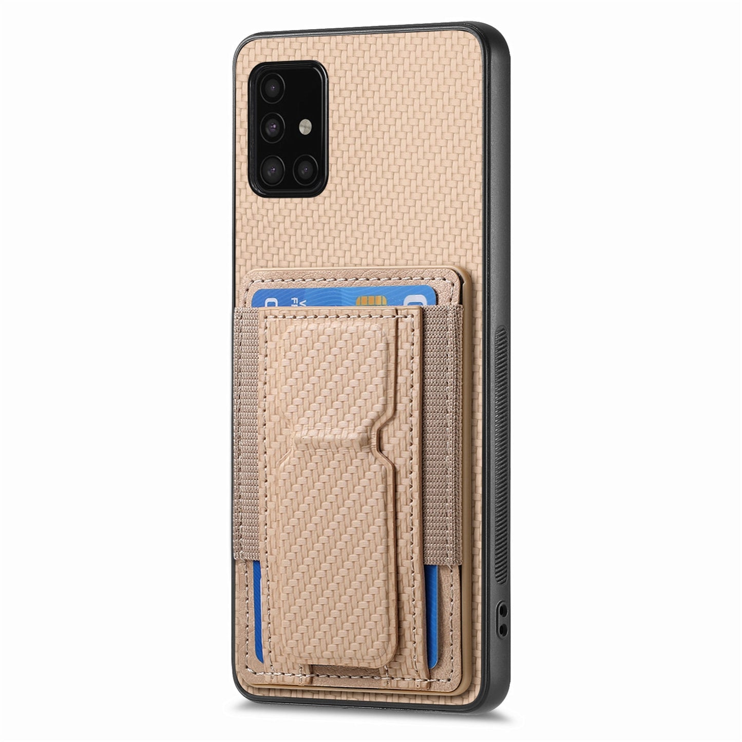Samsung Galaxy A51 5G Carbon Fiber Fold Stand Elastic Card Bag Phone Case with Multi-Functional Wallet